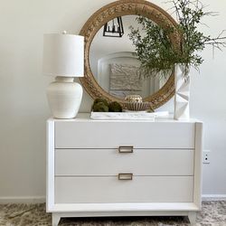 White Wood Dresser & Large Round Mirror