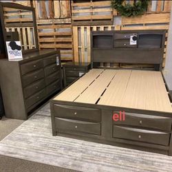 Brand New/ Emily Gray Storage Platform Bedroom Set//Dresser, Mirror, Nightstand, Bed Frame Cama// Queen And King Size Available 