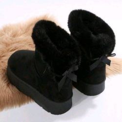 Black Platform Fuzzy Boots With Bow