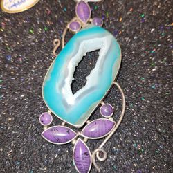 New Artisan Huge Charoite Druzy 925 Pendant