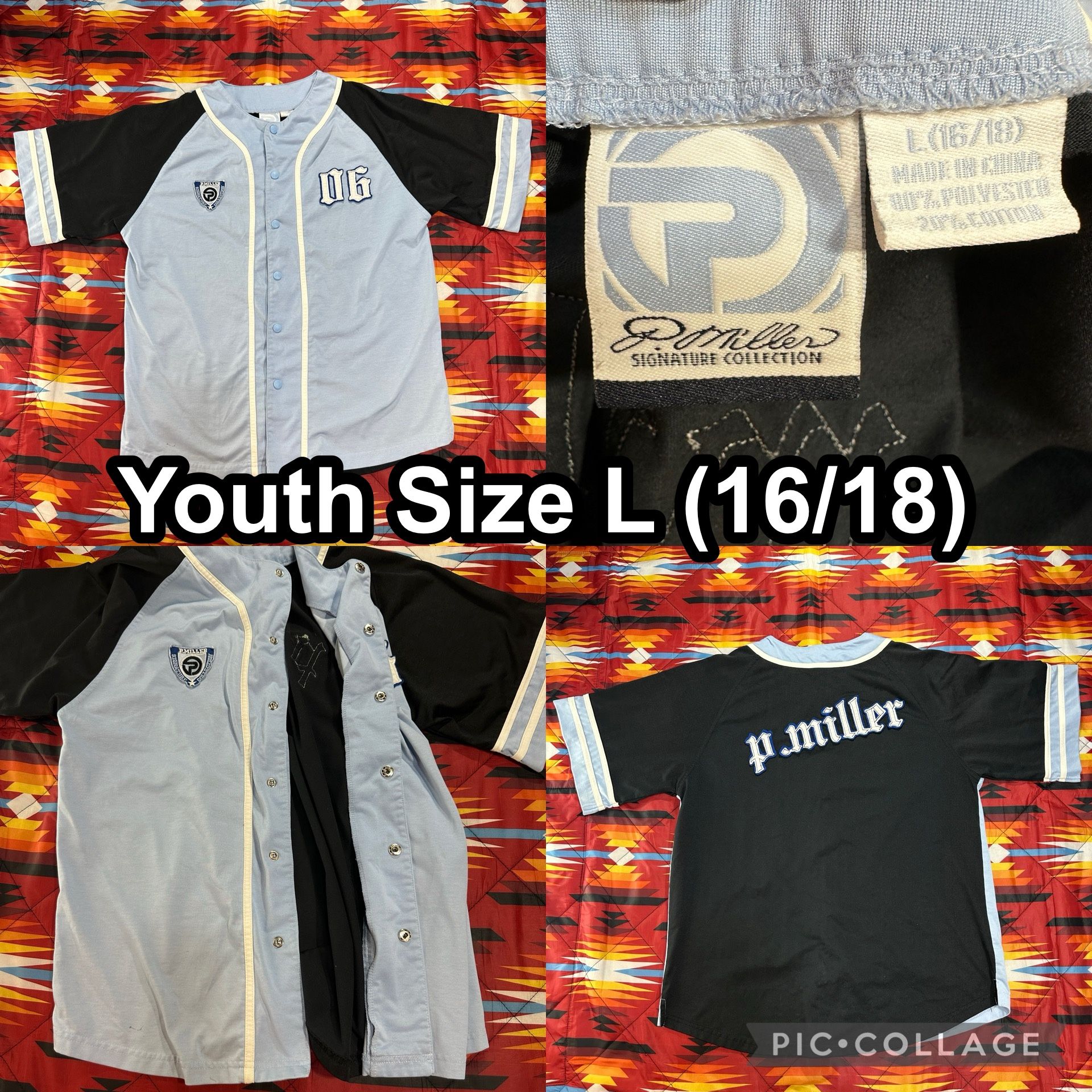 Vintage P. Miller Youth Large (16/18) Blue Baseball Jersey Short Sleeve Button