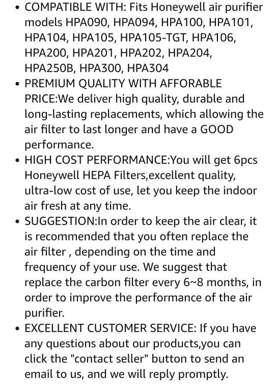 New Gazeer Premium Hepa Filters 6 Pk. For Honeywell Air Purifier