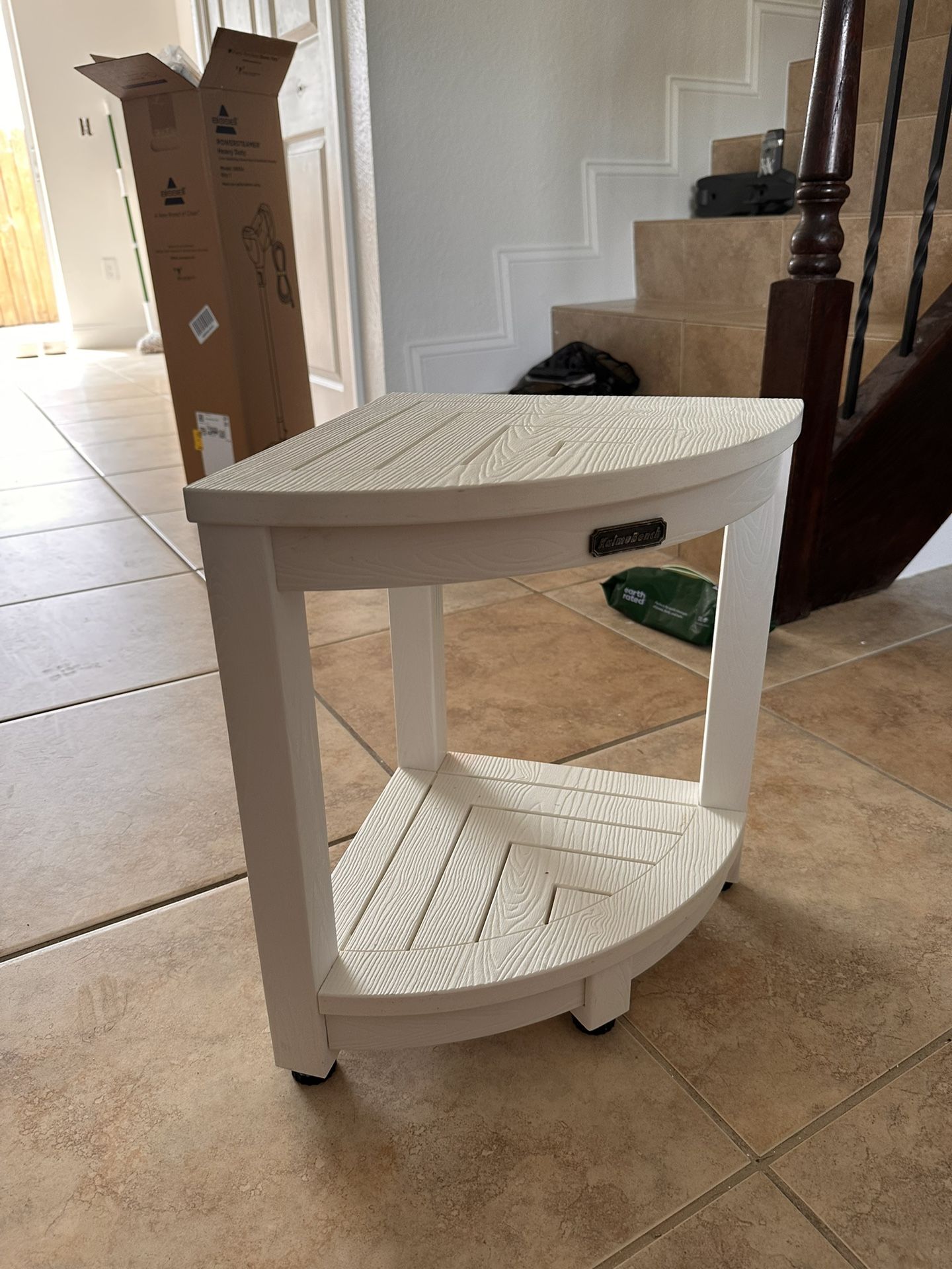 White Wooden Corner Shower Stool