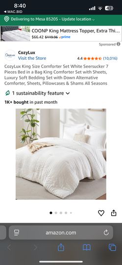 Cozylux King Size Comforter Set With Sheets. White Seersucker 