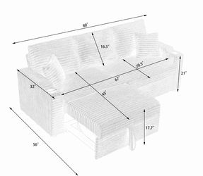 An 80-inch two-in-one pull-out, foldable and hidden chaise longue black corduroy sofa with cup holders and pillows, which is suitable for the living r