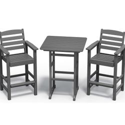 SERWALL Balcony Adirondack Chairs and Table 3 Pieces Set, Adirondack Bar Height Chairs Set of 2 and Bar Table, Outdoor Bar Stools Set, Gray
