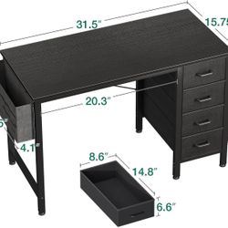 32-Inch Small Computer Desk with 4 Fabric Drawers — Home Office Desks with Storage, Writing Desk with Side Hook and Cloth Bag, Modern Study/
