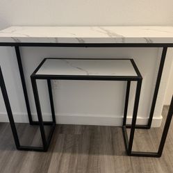 Modern Nesting Console Table Set – Faux Marble & Black Metal Frame