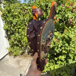 Vintage leather, wood & brass fireplace bonfire bellow, air blower fire starter