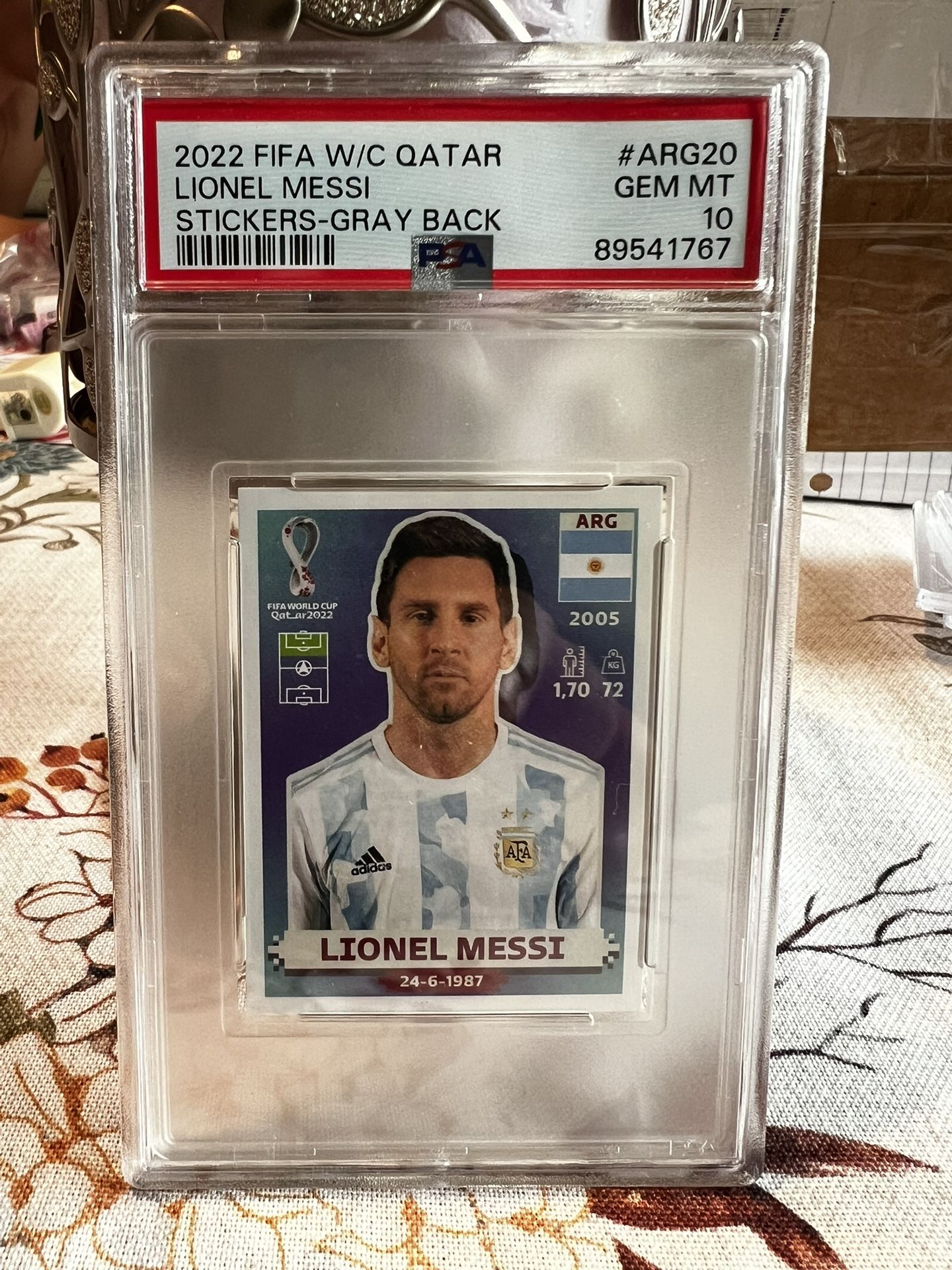 2022 FIFA W/C QATAR Lionel Messi PSA 10 STICKER-GRAY BLACK # ARG 20