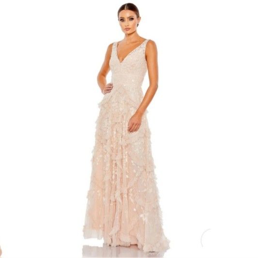 MAC DUGGAL SEQUINED SCALLOP RUFFLE TIERED V NECK Dress GOWN size 8
