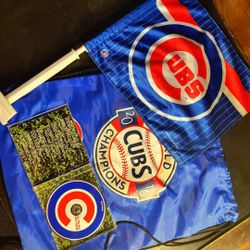 MLB, CHICAGO CUBS: 3Xs. Wincraft Car flag/pole, (2016) World Series pull bag & "All the Way" CD by Eddie Vedder, firm.