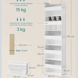 SONGMICS Hanging Shelf Organiser Over The Door Closet Cloth Net Transparent Nylon Foldable Metal Hooks Side Pockets - Cloud White