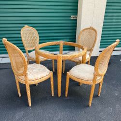 Vintage Faux Bois 5 piece dining set- 4 Cane oval-back chairs & Glass-top table