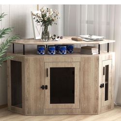Dog Crate with Cushion, 52" L Wooden Dog Kennel End Table for Medium Large Dogs, Indoor Dog House with Storage Shelf, Side Storage Cabinet, Oak