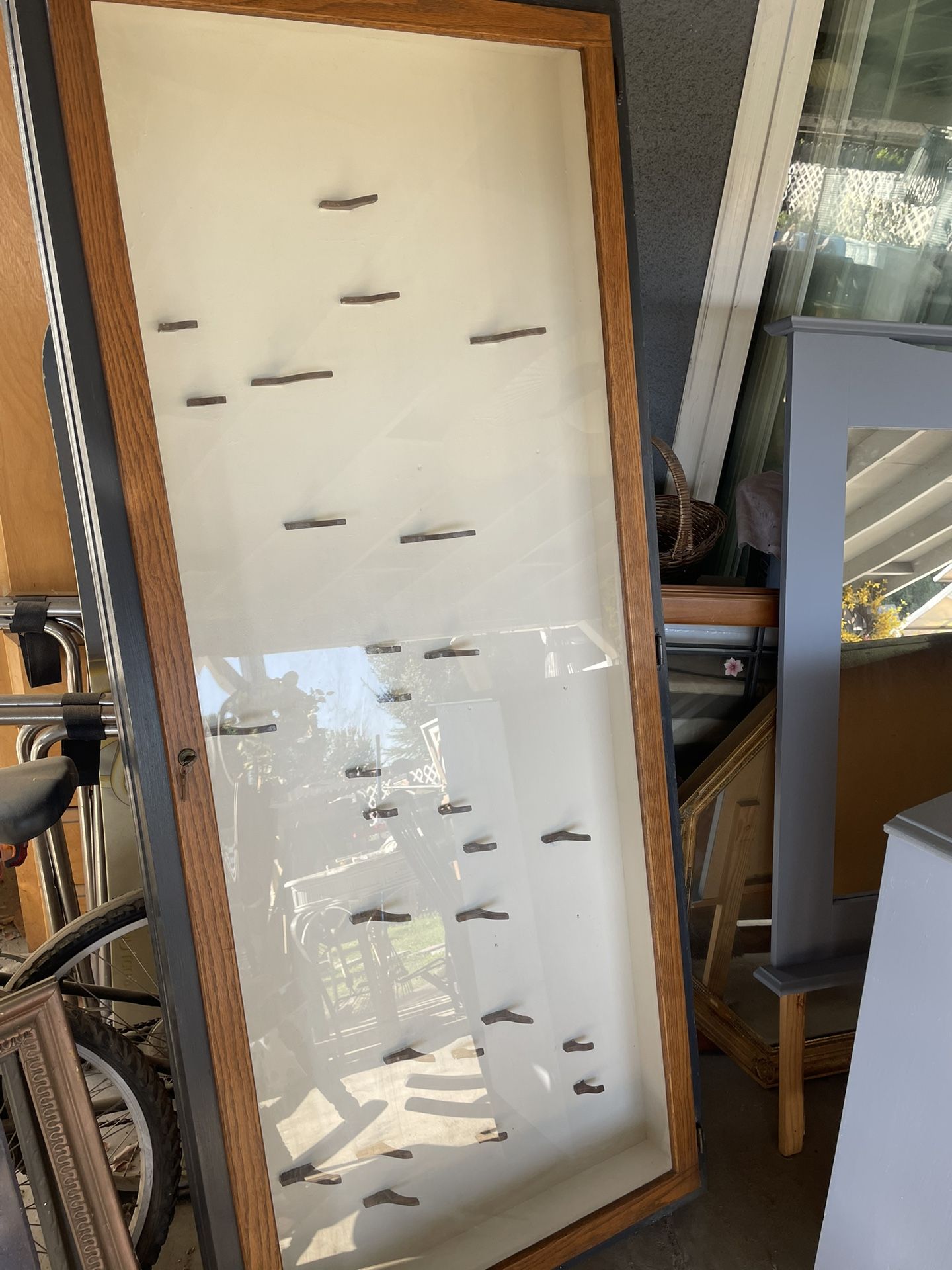 Wooden Display glass Case With Key - 75.5 Inches Long /. 32 Inches Wide / 6 Inches deep - gray/ white/ glass