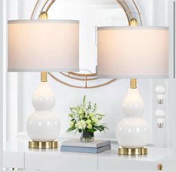 Double Gourd Ceramic Table Lamps Set of 2, Modern White Bedside Lamps for Night Stand