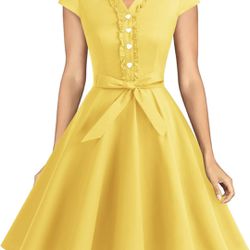 1950s Retro Rockabilly Dress Cap Sleeve Vintage Swing Dress. Yellow