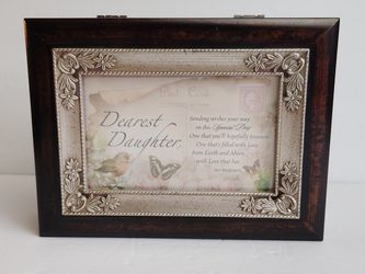 Dearest Daughter Musical Jewelry Box Burl Wood Holds 4.5"x 6.5" Photo by Sankyo