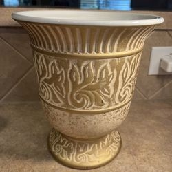 Ceramic Ornate Gold & Tan Raised Design Vase/Trash Can,Etc. 