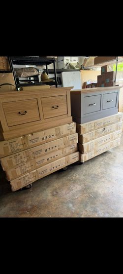 Oak and grey center tables with 2 large drawers 10 in total (5) each color 1 of each assembled the rest in box