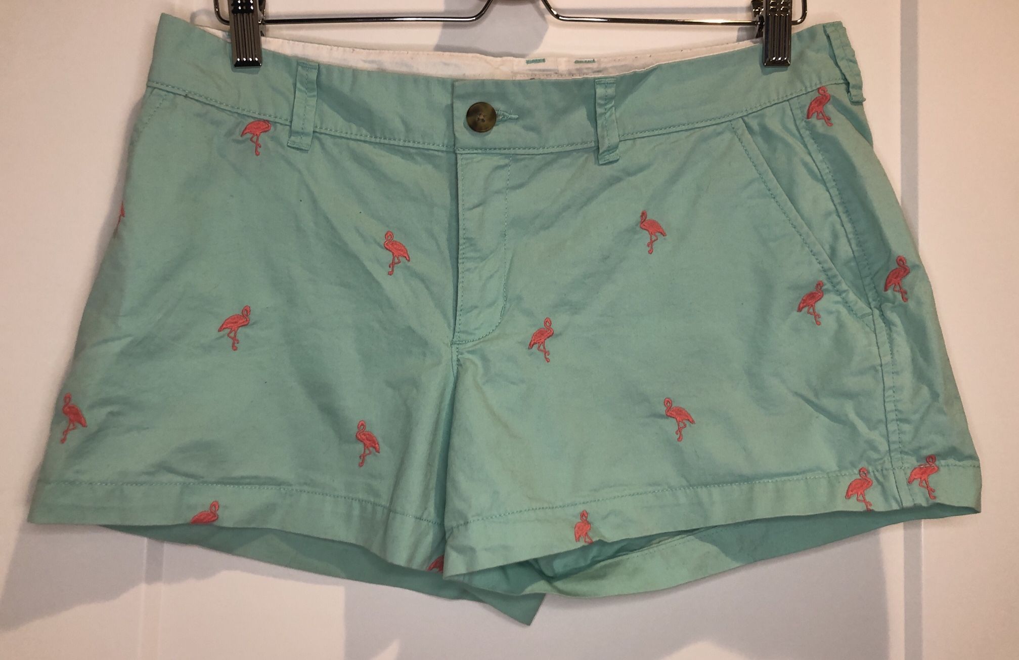 Old Navy Women's Size 8 Green Mint Embroidered Flamingo Chino Shorts 3” Inseam