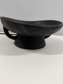 Matte Black Ceramic Pedestal Bowl Asymmetrical Speckled Centerpiece with Handles