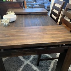 Dark Wood Dining Table Set (2 Chairs with cushions, Bench with custom cushion), 2 Leafs 