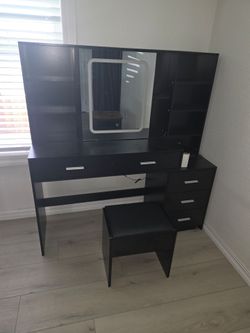 Black Vanity Desk with Mirror, Storage & Stool