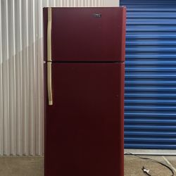 painted refrigerator, burnt red exterior and aqua blue interior