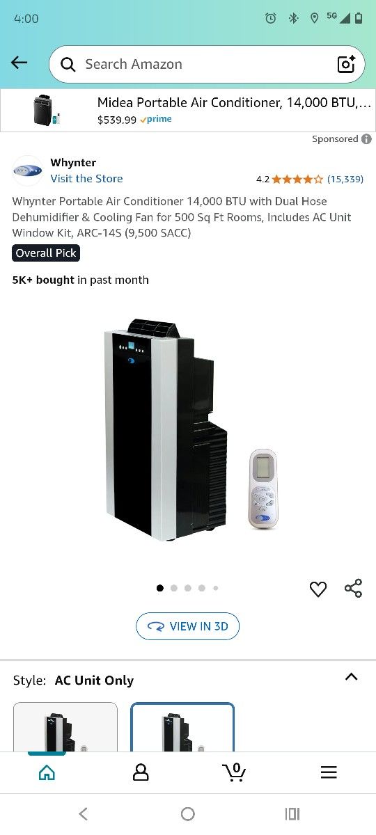 Whynter Portable Air Conditioner 14,000 BTU with Dual Hose Dehumidifier & Cooling Fan