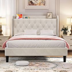 Queen Bed Frame with Headboard, Adjustable Velvet Upholstered Bed Frame with Type-C&USB Ports, Wingback Storage Headboard, Solid Wood Slats Support, N