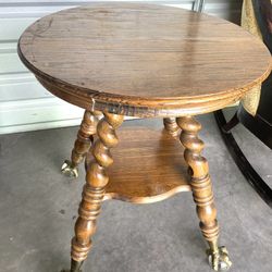 Antique Tiger Oak Parlor Lamp Table w Glass Ball & Claw Feet 