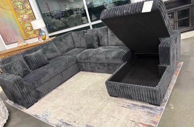 NEW Charcoal Sectional With USB Charging Ports & STORAGE CHAISE & Pull out Bed Finance $54 down pmt