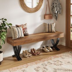 Tribesigns Brown and Black 55 inch W Farmhou se Din ing Ben ch with Metal X Shaped Legs for Dini ng Room Bedroom