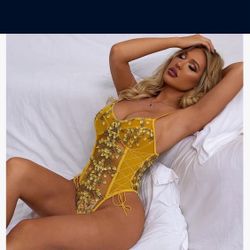 Sexy Women's Lace up Bodysuit with Floral Embroidery Sheer Teddy Nightwear