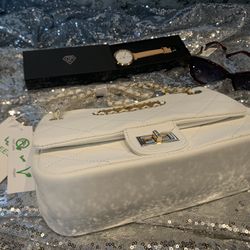 White Handbag, Sunglasses and Quartz Watch Bundle