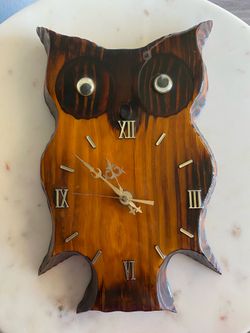 Handcrafted Owl Wood Wall Clock Quartz Rustic Folk Art Decor Parts Repair Not Working