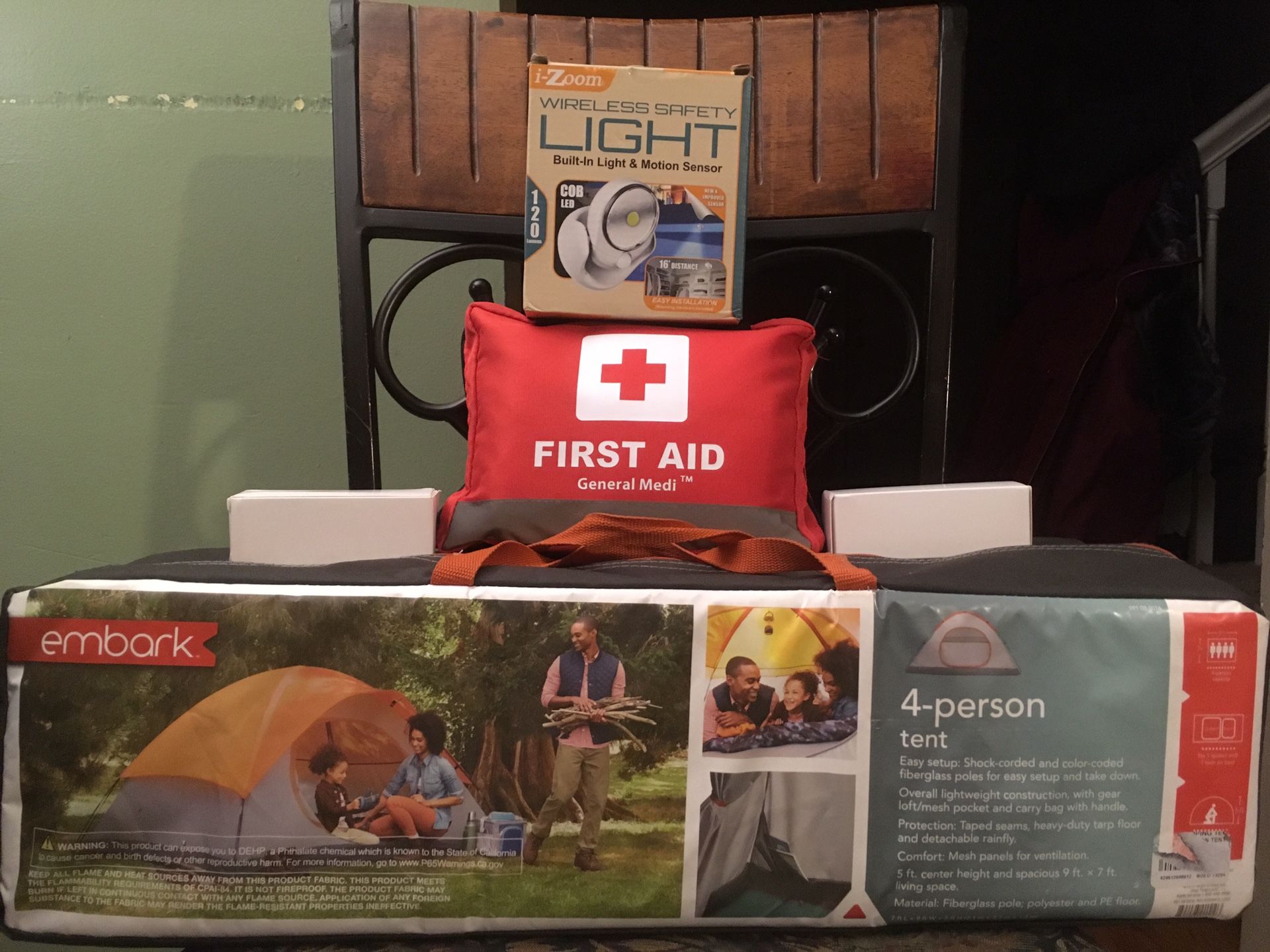 4 Person Tent w/ Emergency Items: 1 Tent, 1 Completely Wireless Motion Sensor Safety Light, 1/ 309 pc. First Aid Kit & 2 Emergency Cell Phone Chargers