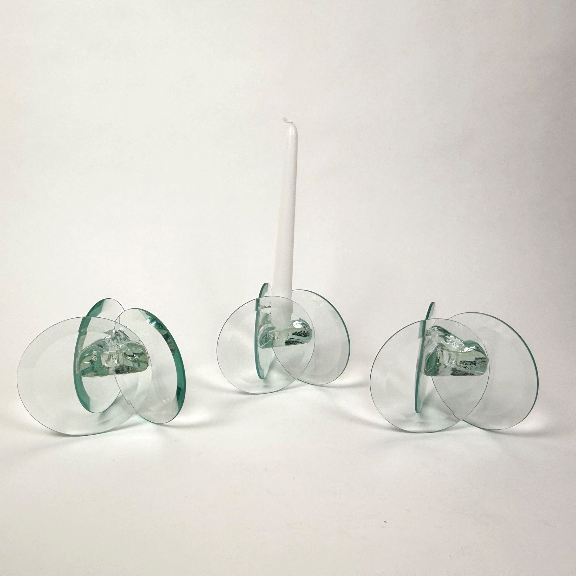 Glass Candle Holders Modern Art Clear Set of 3 Geometric