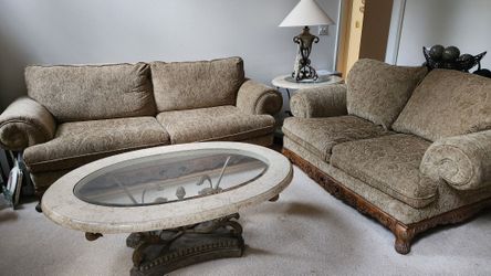 Living Room Set - Stone Top Coffee, Console & Lamp Table + Sofa & Loveseat