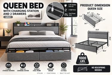 QUEEN BED  W CHARHING STATION  Y 2 DRAWERS   GRAY. NO BOXSPRING NEEDED