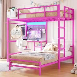Bunk Bed Twin Over Twin Size with Desk Charging Station L-Shaped Metal - Pink