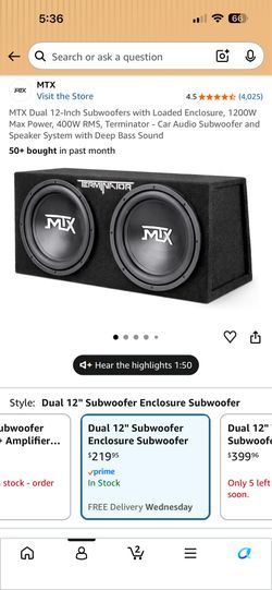 MTX Dual 12-Inch Subwoofers with Loaded Enclosure, 1200W Max Power, 400W RMS