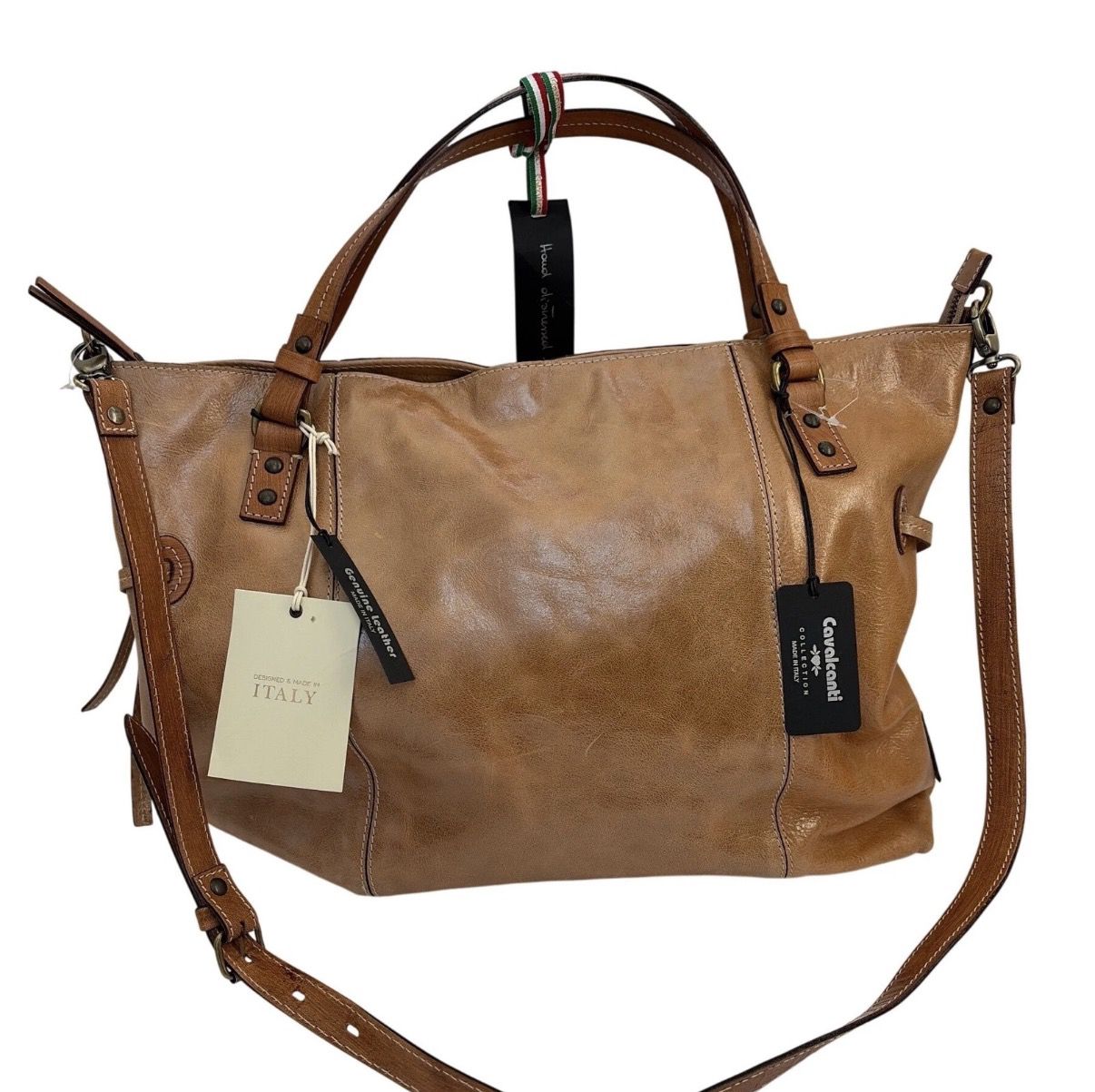 Cavalcanti Florence 1958 Italian Leather Tote Bag Cognac Tan Striped Lining NEW
