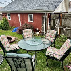 Patio Set, Table Is 54” Diameter, With Lazy Susan, 5 Heavy Duty Chairs With New Thick Cushions