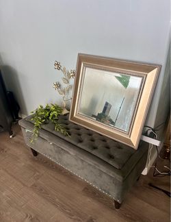 Mirror + Tufted Velvet Storage Ottoman Bench