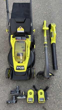 Ryobi ONE+ HP 18V Brushless 16 in. Cordless Battery Walk Behind Push Lawn Mower, Blower & String Trimmer