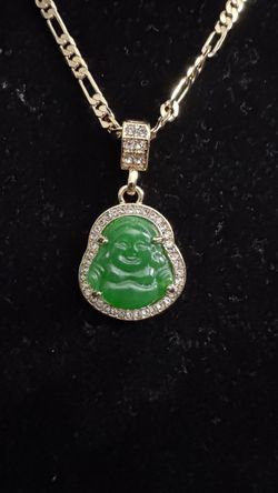 14K Gold Figaro Chain with Green Buddha Pendant