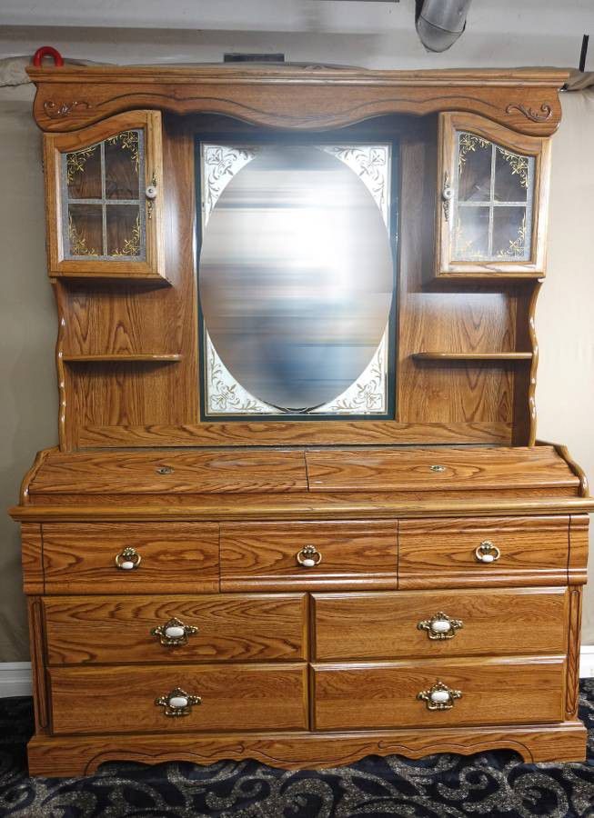 1970s Wood Dresser with Mirrored Hutch - Delivered 